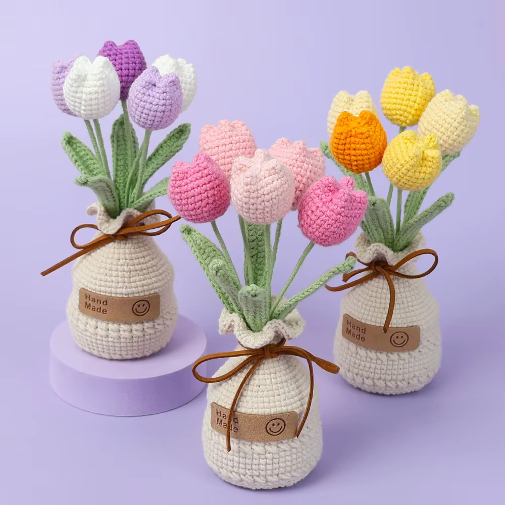 2025 tulipes fleurs au Crochet avec Pot de tournesol tricoté