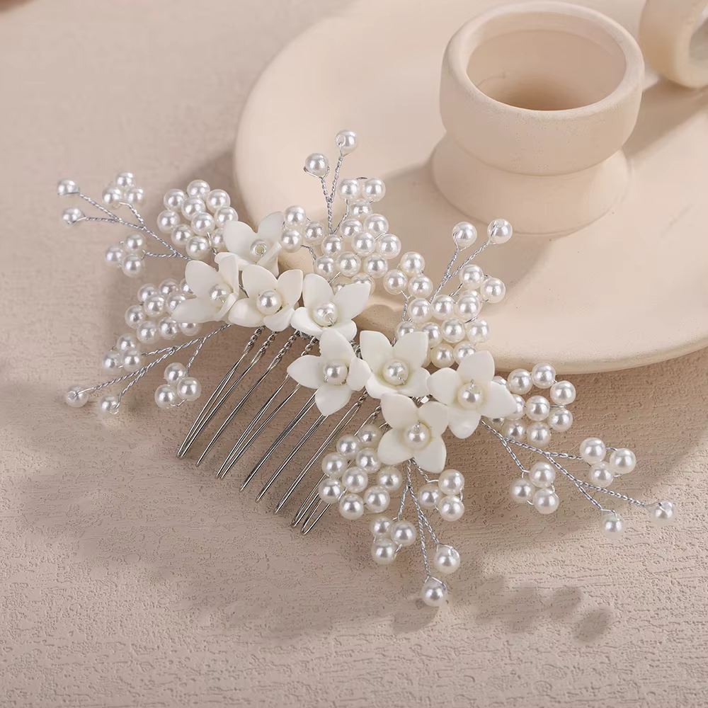 Peigne à cheveux fleur perlée pour femme, fait à la main, argent, accessoires de cheveux de mariage, pièce de sauna bidal floral doré, bijoux de fête de mariée