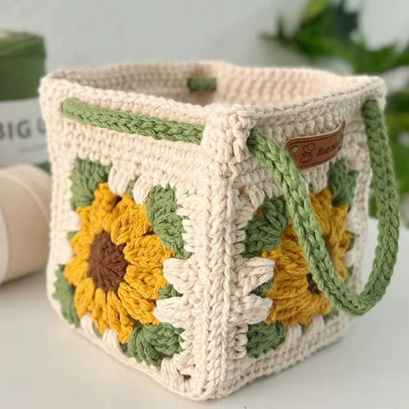 Sac à main tournesol en fil de crochet, panier à légumes tissé à la main, petit sac carré, sac matériel de bricolage fait maison pour meilleur ami