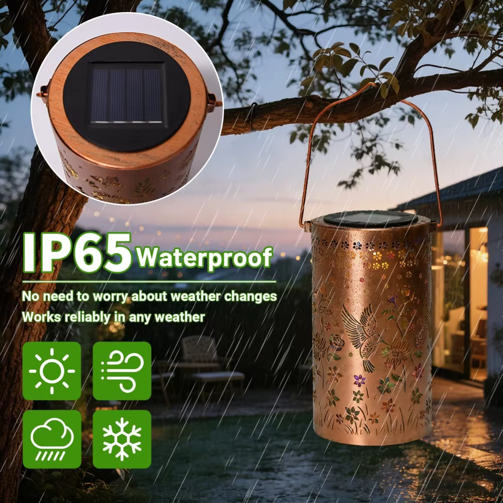 Lanterne solaire suspendue en métal avec projection de colibris et tournesols colorés pour la décoration extérieure de table, jardin, patio et cour