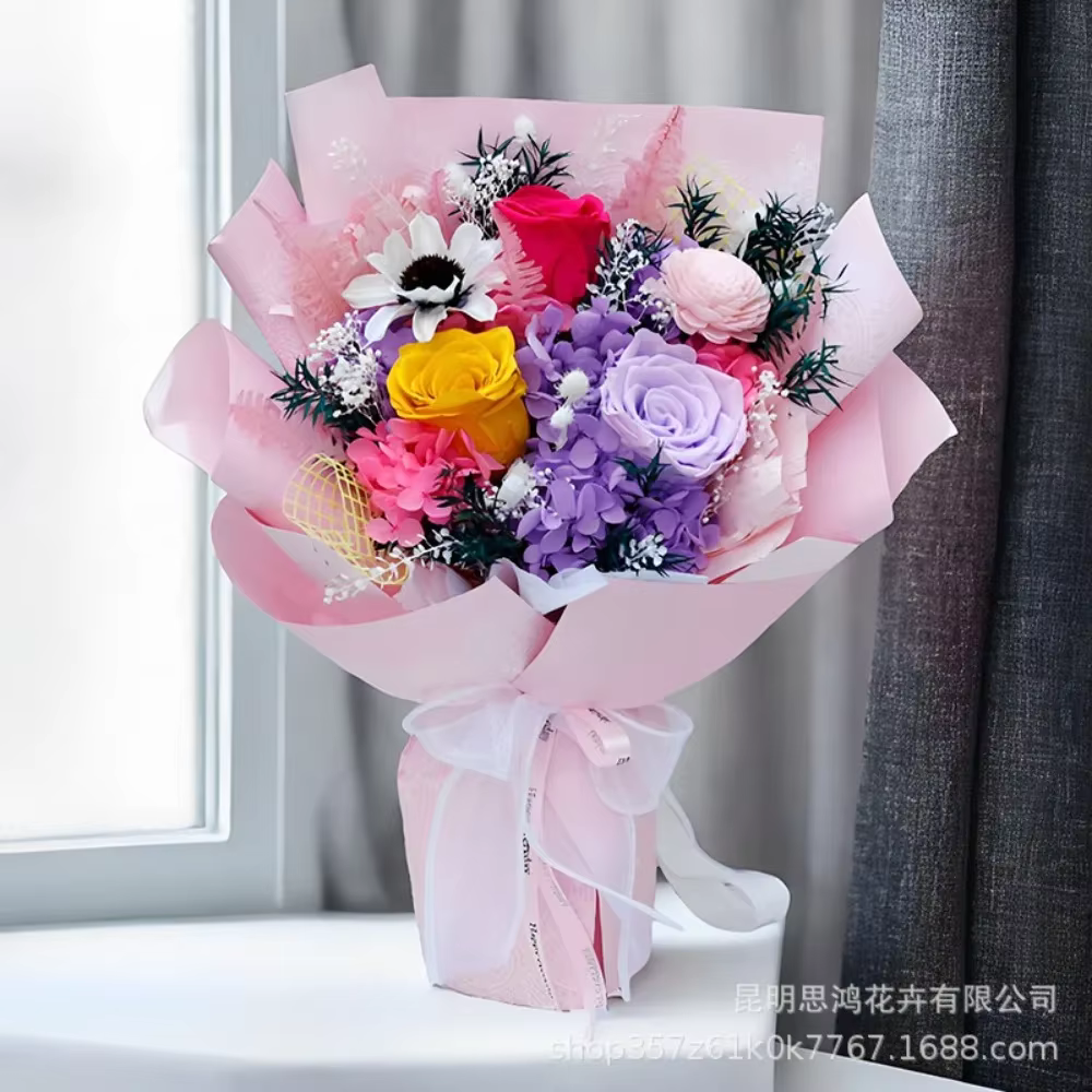 Coffret cadeau romantique en bouquet de roses et d'hortensia conservés – Fleurs éternelles durables faites à la main