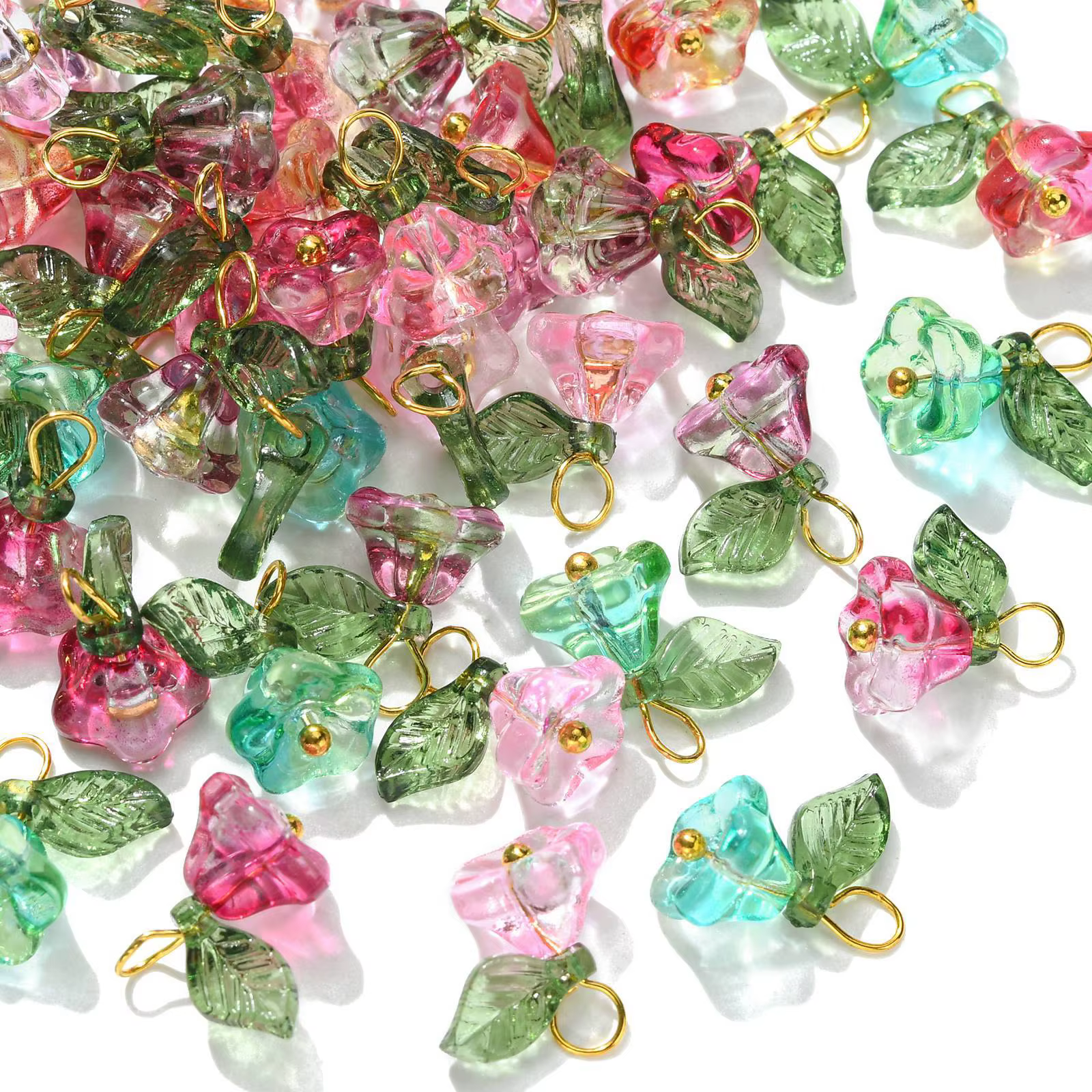 Pandahall 50 pièces 5 couleurs breloques trompette breloques de fleur en verre coloré avec feuille verte breloques de fleur de trompette pour la fabrication de bijoux