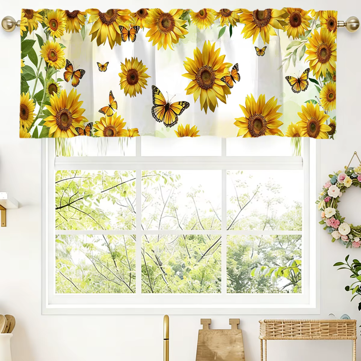 Voilage de fenêtre à motif floral de printemps (tournesol) avec passe-tringle pour salon
