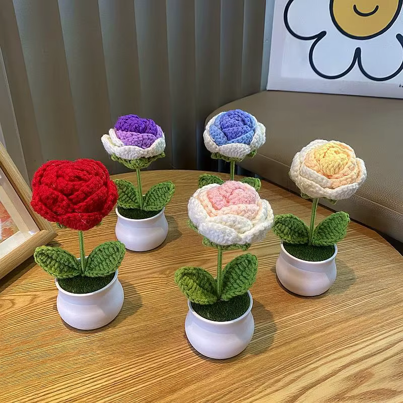 Bricolage Mini fleur de Rose en pot tissé à la main Flores artificielles bureau ornemental plante en pot fil de laine décor à la maison