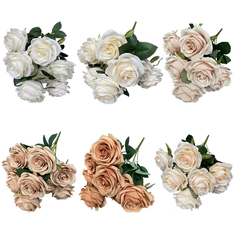 9 têtes camélia Rose fleur artificielle tenant des Bouquets scène de fête de mariage salle d'exposition décor à la maison faux cadeaux floraux 1 lot