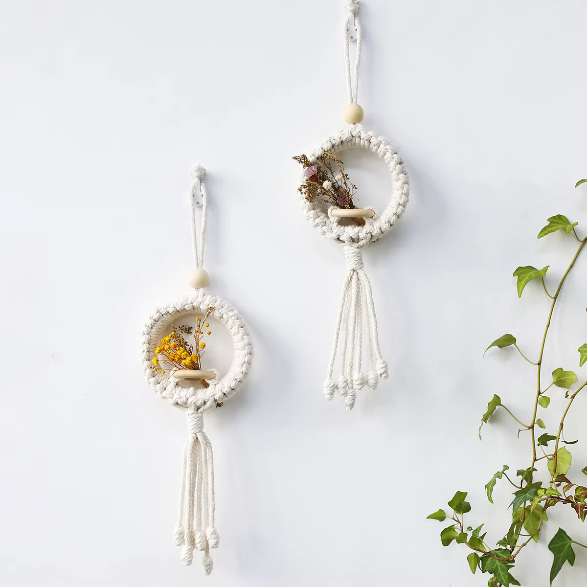 Pot de fleurs mural en macramé