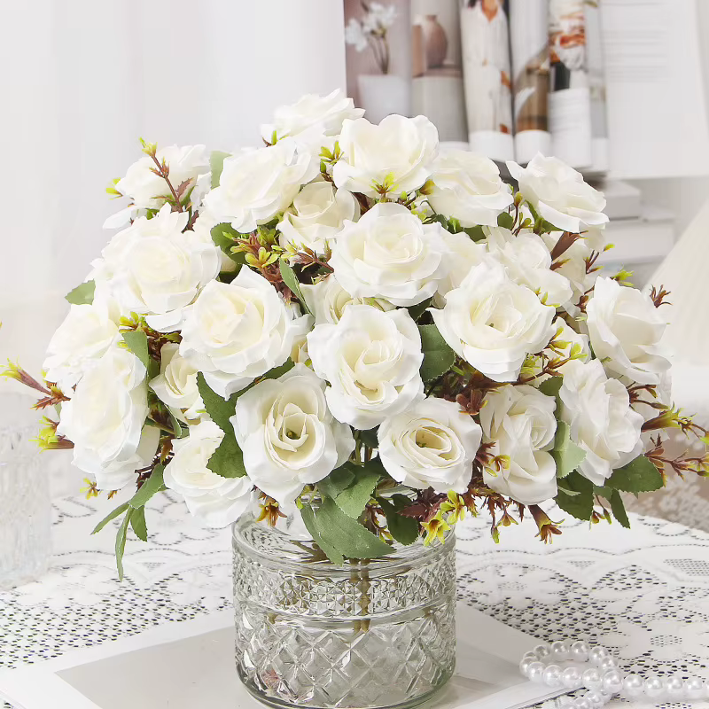 Vert Aloes 2 pièces fleurs artificielles soie Rose Bouquet chambre décoration fausse fleur Simulation parfumé miel blanc Roses
