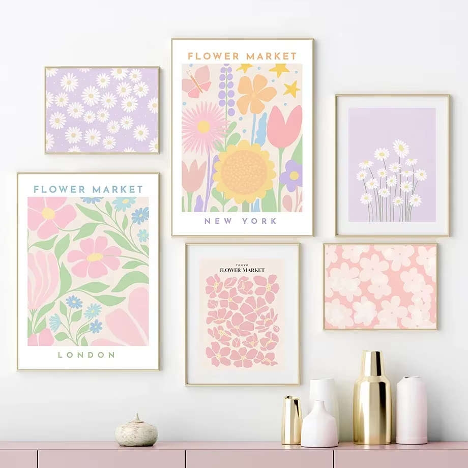 Art mural sur toile de marché aux fleurs colorées et fraîches - Forme de fleur