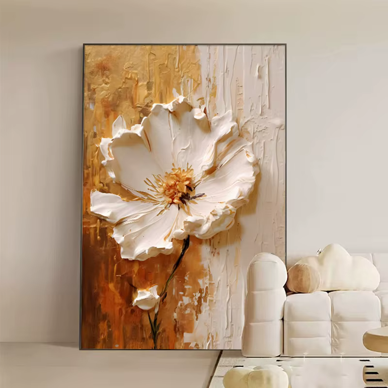 Peinture à l'huile abstraite de fleurs blanches imprimées sur toile
