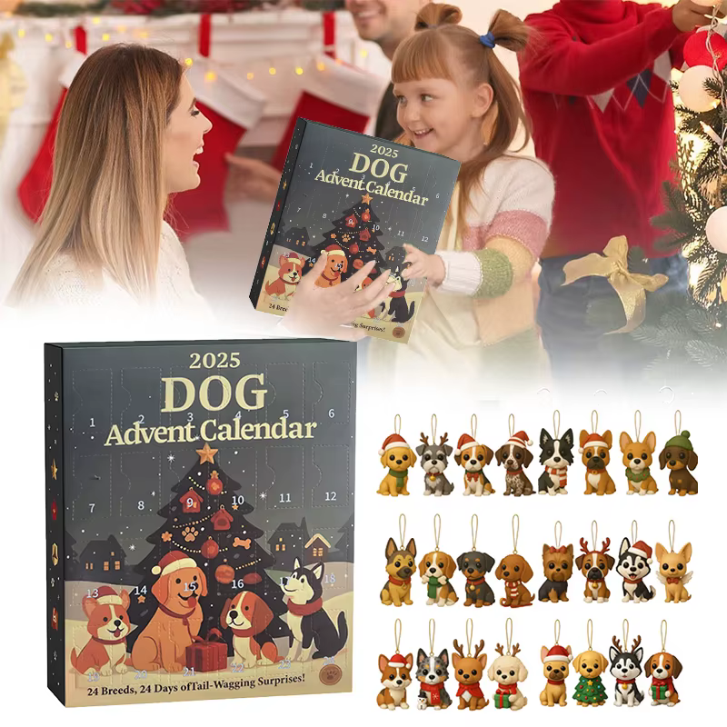 Calendrier de l'Avent pour chien, 2025 à 24 pièces, ornements de races festives 2D, calendrier de l'avent pour animaux de compagnie avec ornements réutilisables, idée pour l'amour des chiens