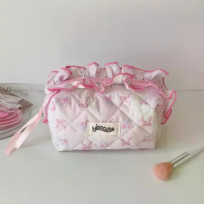Sac de maquillage en coton matelassé avec nœud et fleur, trousse de toilette portable pour femmes et filles, organisateur de cosmétiques à fermeture éclair, sac à main en tissu
