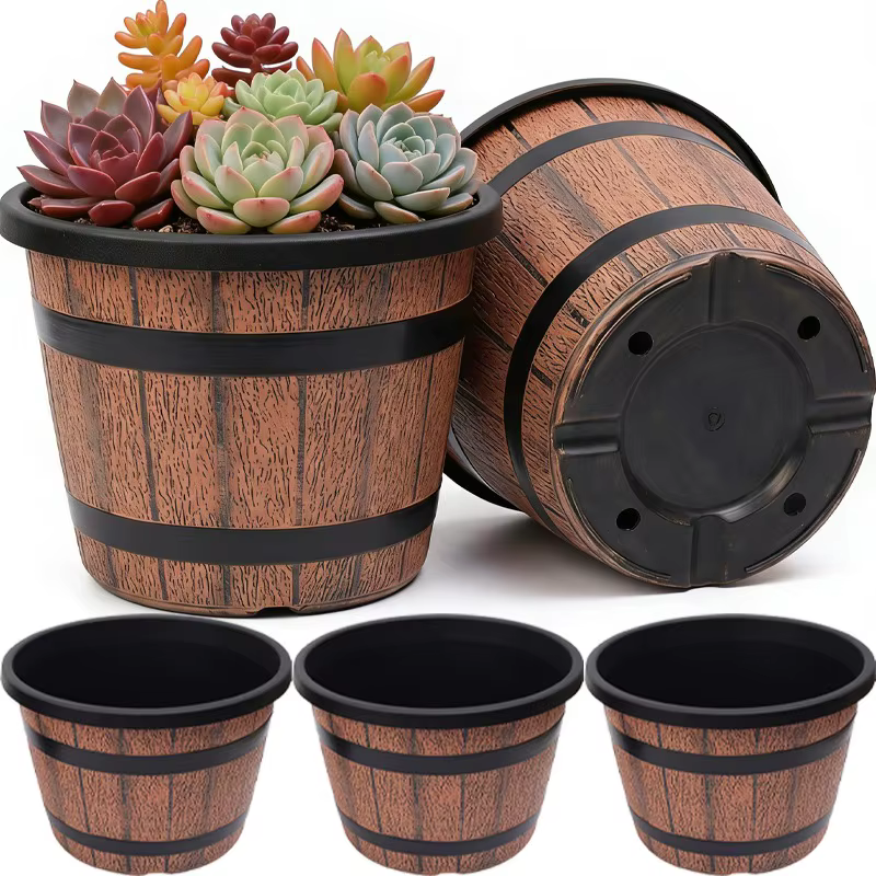 Pot de fleurs en plastique imitation baril en bois rétro