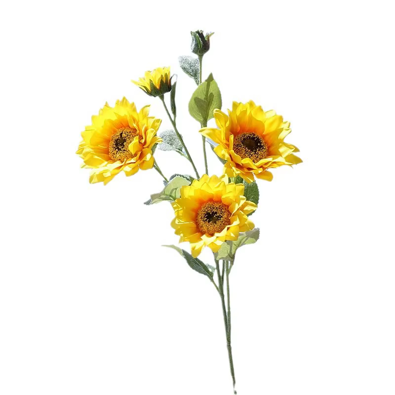 Fausses plantes artificielles de tournesol floquées à 5 têtes