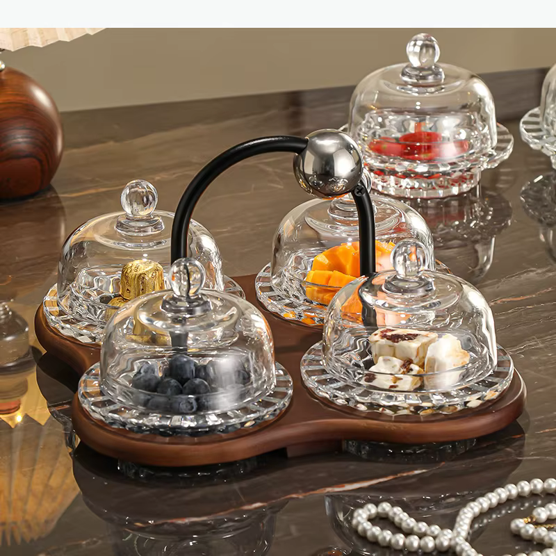 Assiette à dessert en verre avec couvercle, assiettes à fruits compartimentées, plateau à collations, bol à collations, plateau de rafraîchissement, plat à gâteau, plat à dim sum, assiettes à pâtisser