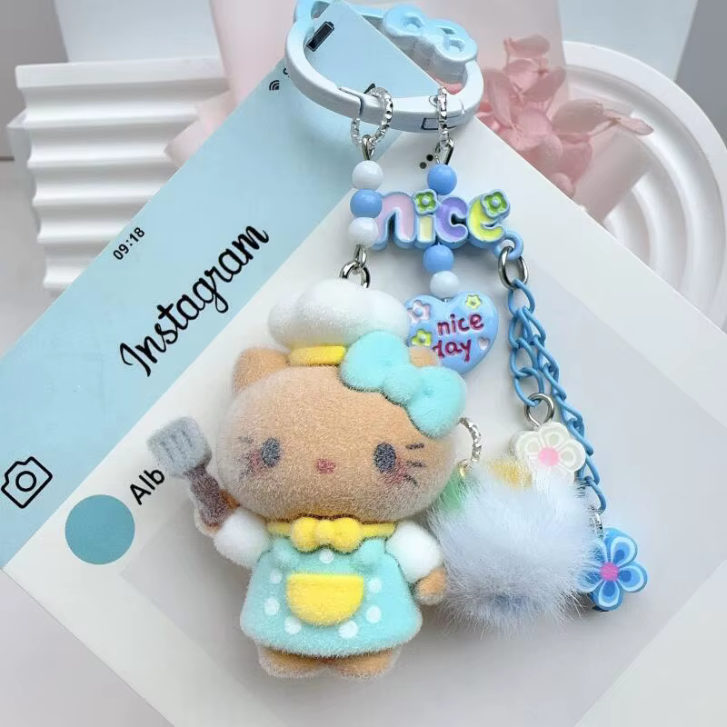 Porte-clés Hello Kitty floqué, breloque de sac, pendentif pompon floral pour accessoire quotidien et décoration assortie