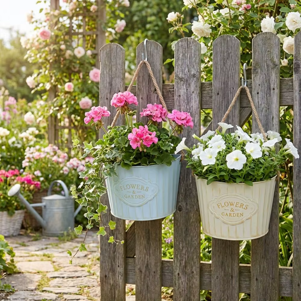 Pot de fleurs suspendu semi-circulaire en fer forgé rétro