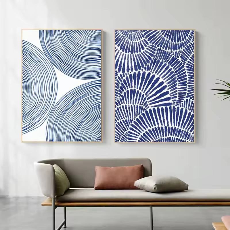 Affiche de fleur à points de ligne bleue aquarelle minimaliste