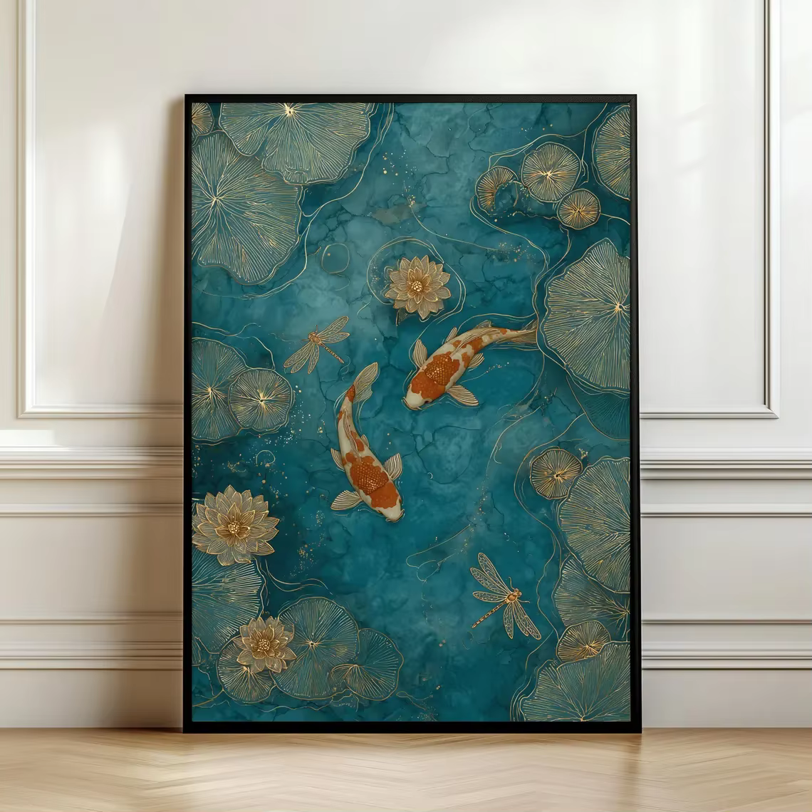 Art mural élégant avec poissons koï – Décoration de bassin vert émeraude