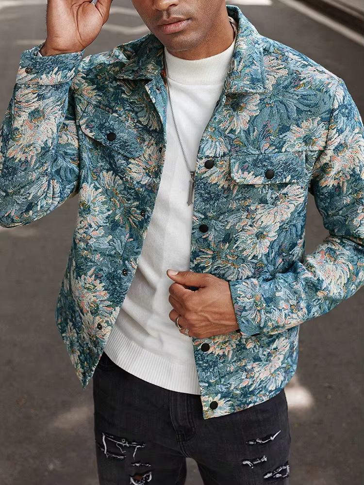 Veste texturée à motifs floraux vintage pour homme, manteau décontracté d'automne à manches longues, coupe ajustée, boutonnée, à revers, style cargo, pour homme, tendance