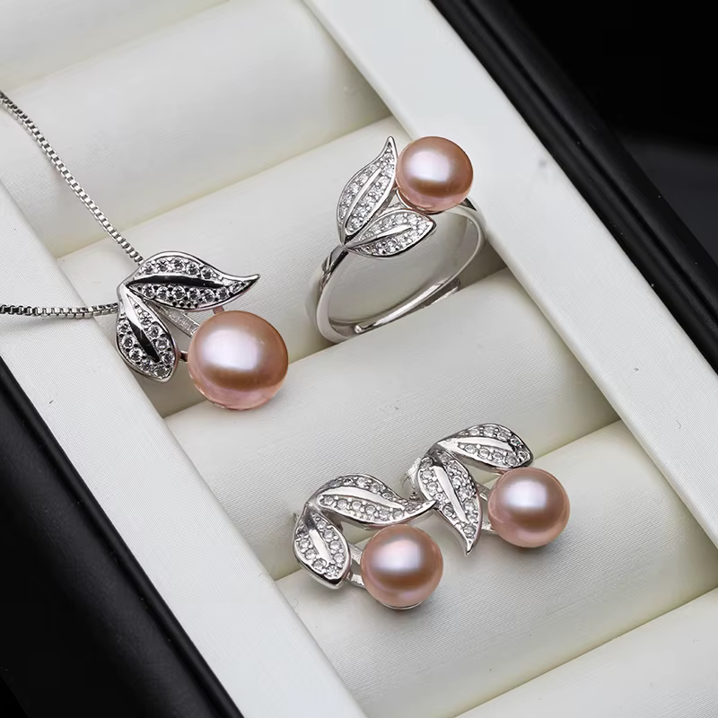 Véritable perle bague collier boucles d'oreilles pour les femmes, naturel d'eau douce blanc perle ensemble de bijoux 925 en argent Sterling ensembles de bijoux cadeau