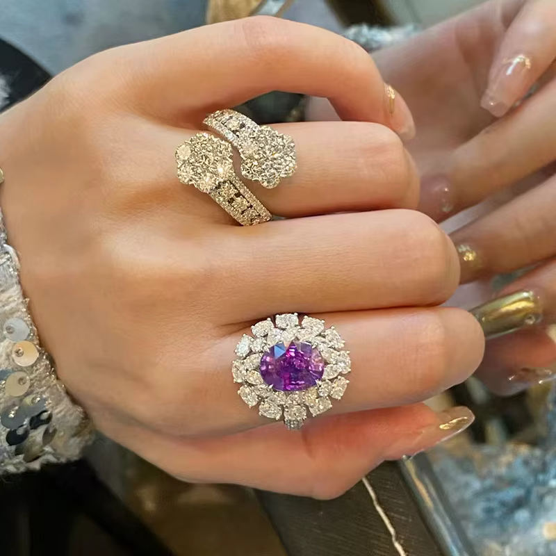 Bagues en diamant et améthyste pour femmes, Design romantique, fleur scintillante, mode florale, violet, bijoux de mariage réglables