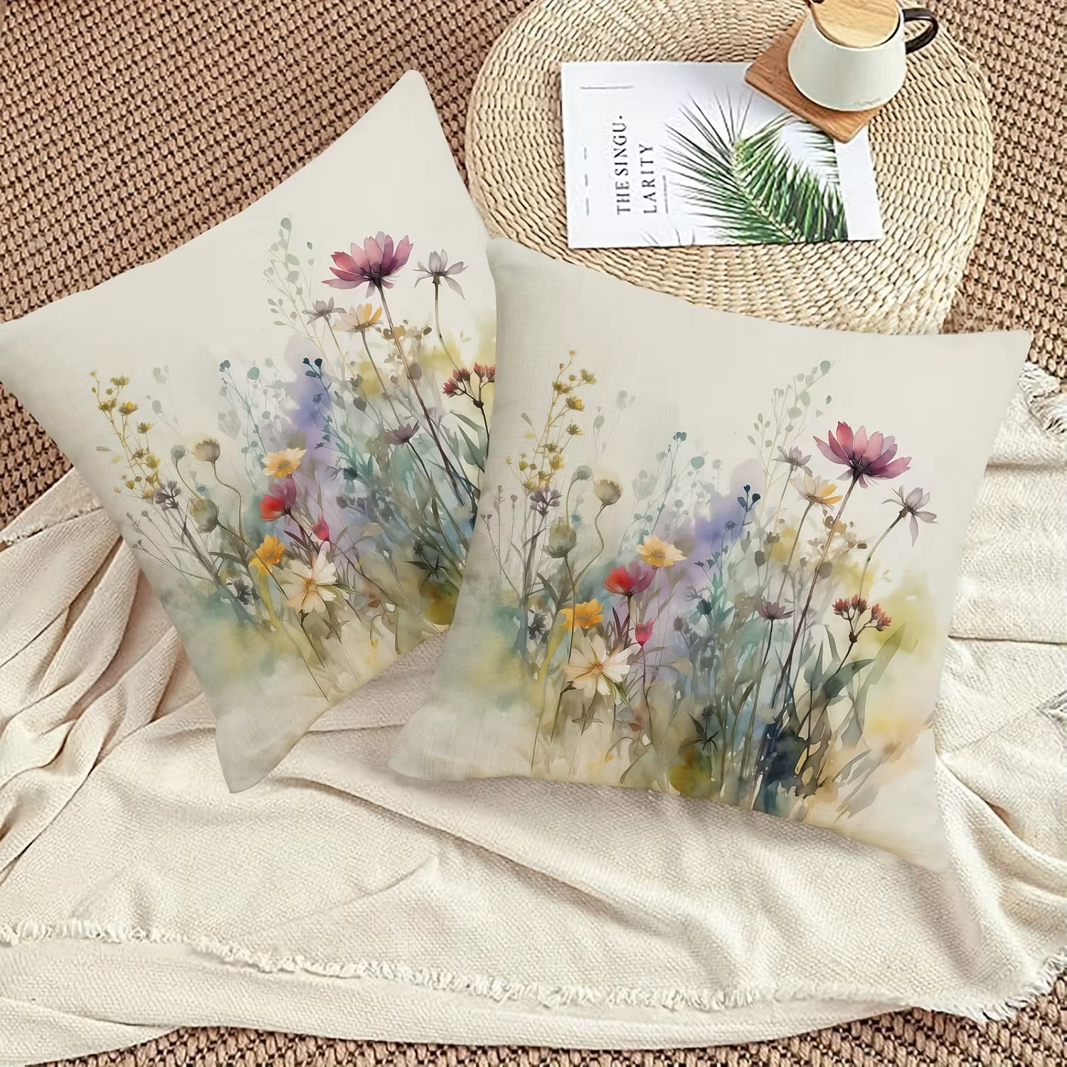 Housse de coussin en lin à fleurs sauvages aquarelle – Décoration d'intérieur élégante