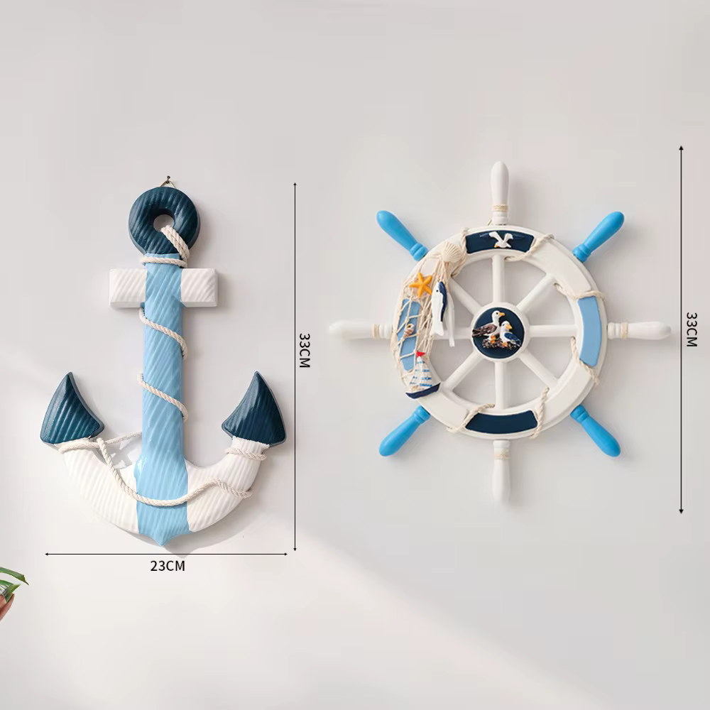 Lot de 2 gouvernails et ancre de bateau en bois nautique avec corde