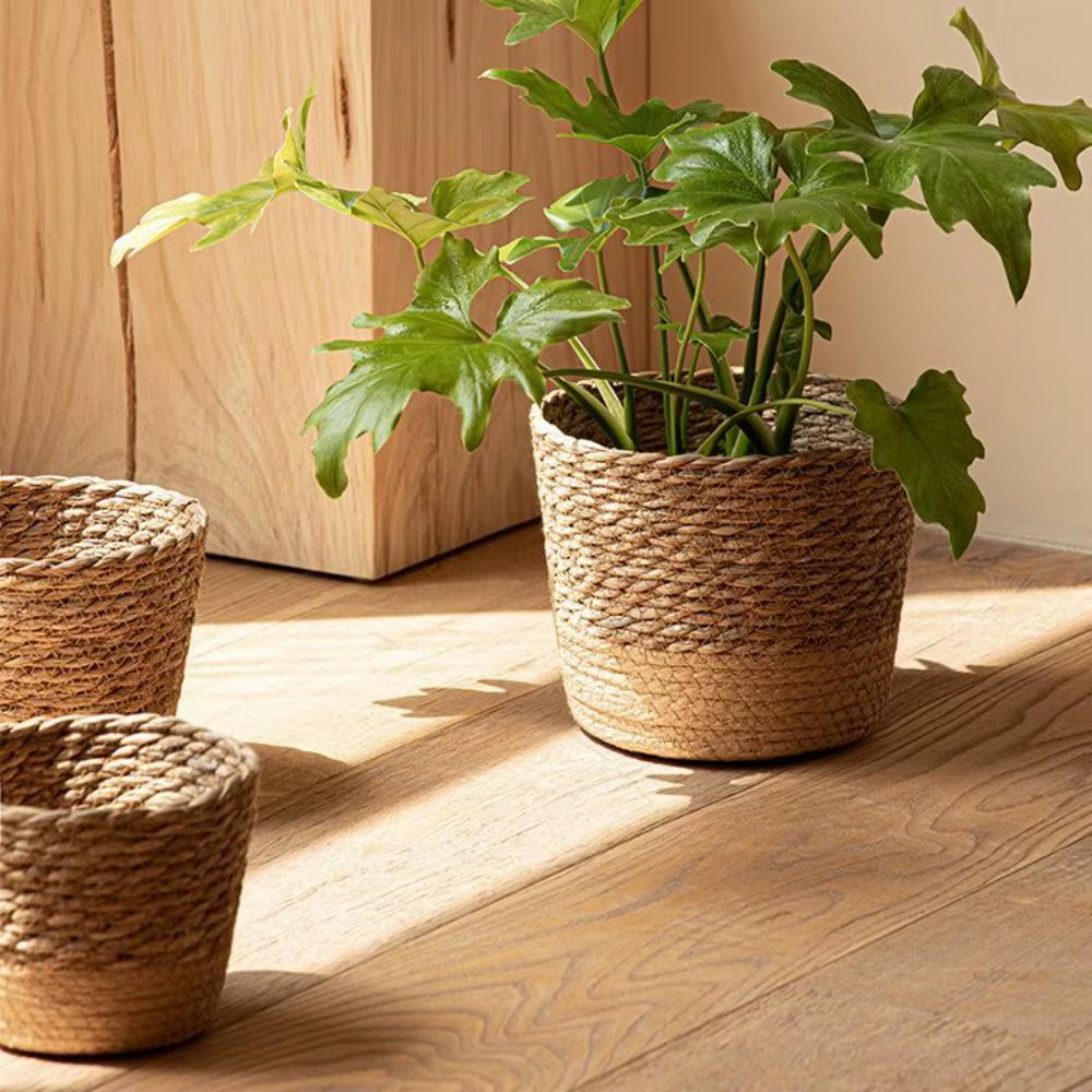 Pot de plantes de fleurs tissées en paille