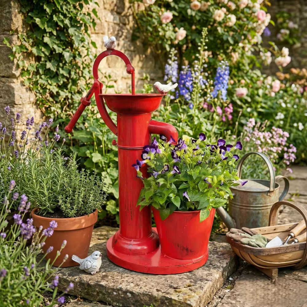 Pot de fleurs en métal en forme de pompe à eau