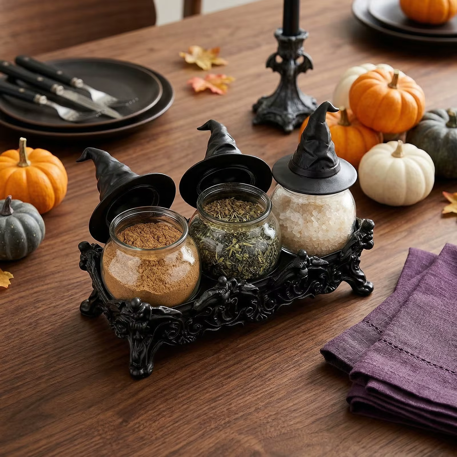 Ensemble de 3 pots à épices gothiques d'apothicaire avec couvercles en forme de chapeau de sorcière, décor de cuisine vintage unique, style Witchcore, ensemble de contenants de rangement pour épices