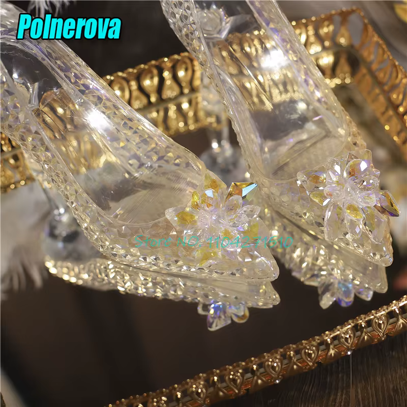 Chaussures à talons hauts transparents pour femmes, décor floral, robe de mariée féerique, escarpins élégants à bout pointu et à talons ronds, chaussures de fête pour Banquet
