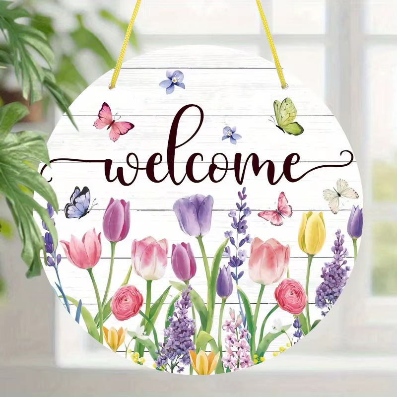 1 pièce, Panneau de bienvenue floral d'été en bois à suspendre