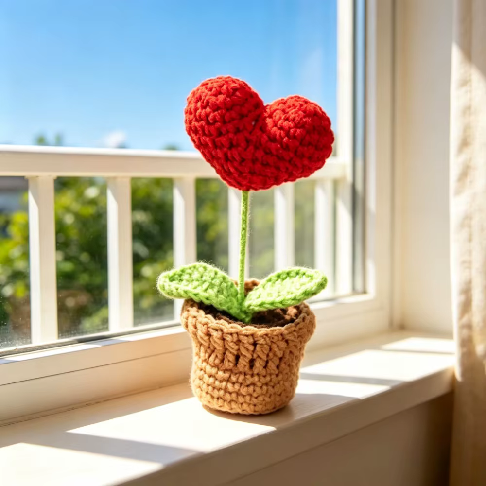 Pot de fleurs en forme de cœur au crochet fait main