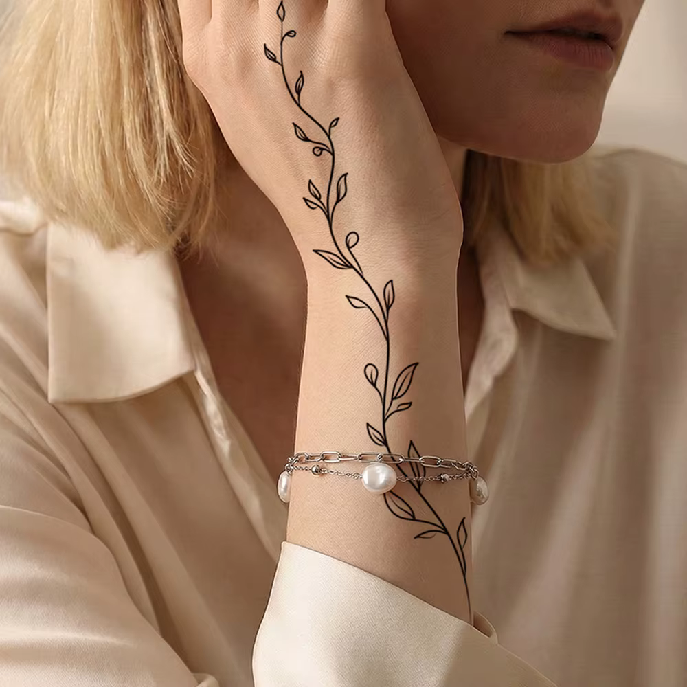 1 autocollant de tatouage temporaire noir motif fleur, plantes et fleurs, pour femmes, art corporel, imperméable, faux tatouage main