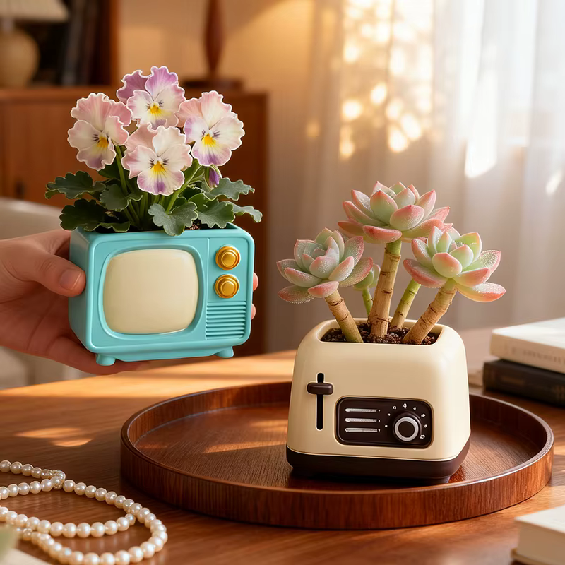 Pot de fleurs vintage en résine en forme de téléviseur