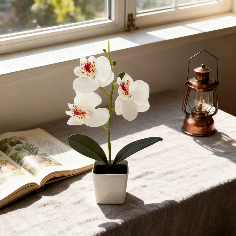 Nouvelle Décoration Florale Artificielle en Pot de Céramique avec Trois Orchidées Papillon pour Café