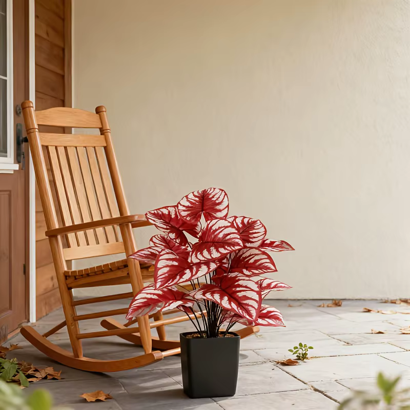 1 pièce de plante artificielle à feuilles rouges et rayures blanches pour extérieur et intérieur