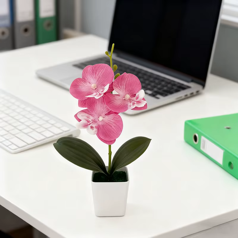Nouvelle Décoration Florale Artificielle en Pot de Céramique avec Trois Orchidées Papillon pour Café