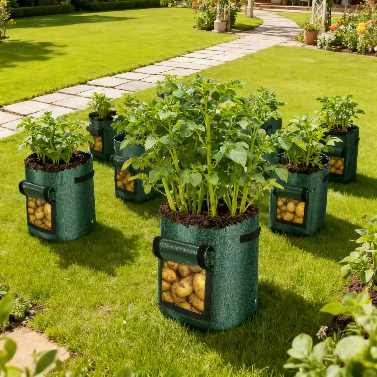 Lot de 2 sacs de plantation pour pommes de terre vertes avec poignées et couvercles