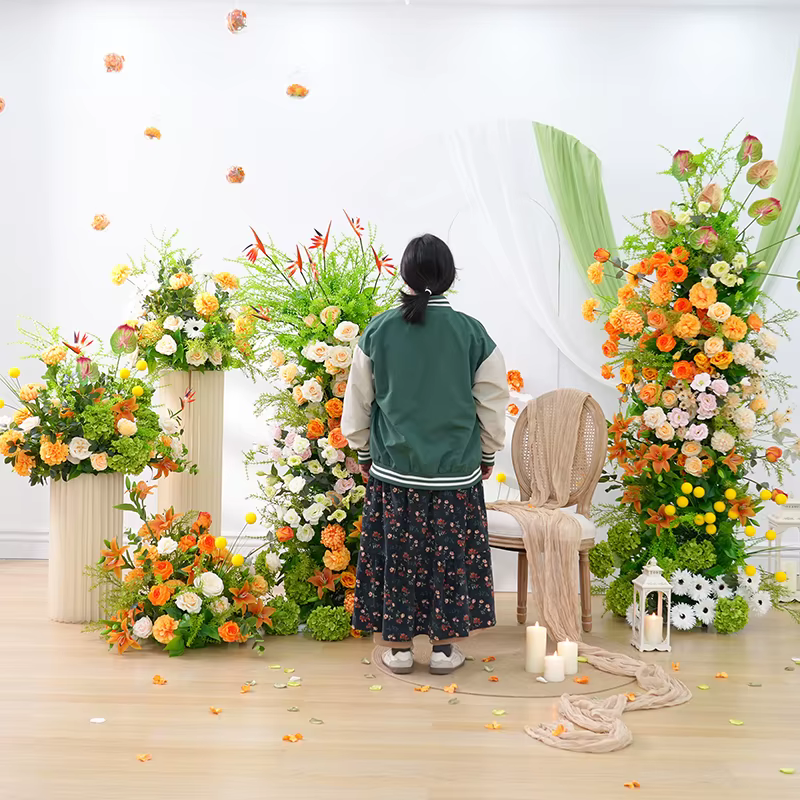 Orange Lily Rose vert plantes mariage toile de fond arc cadre décor fleur rangée allée sol Floral fenêtre affichage scène accessoires H8875