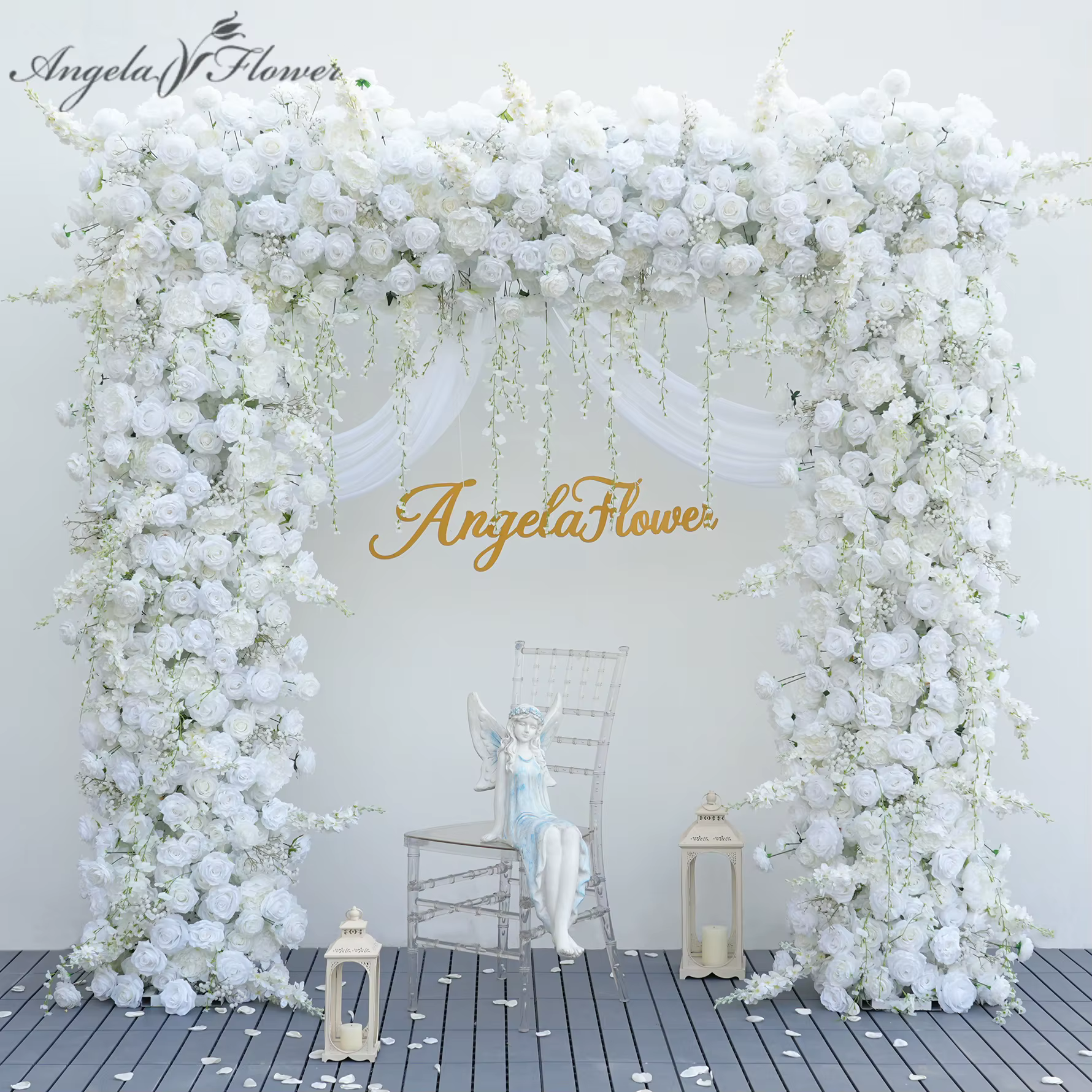 A8873 blanc Delphinium suspendu glycine florale arrangements artificiels toile de fond de mariage décoration fleur arc pour la cérémonie