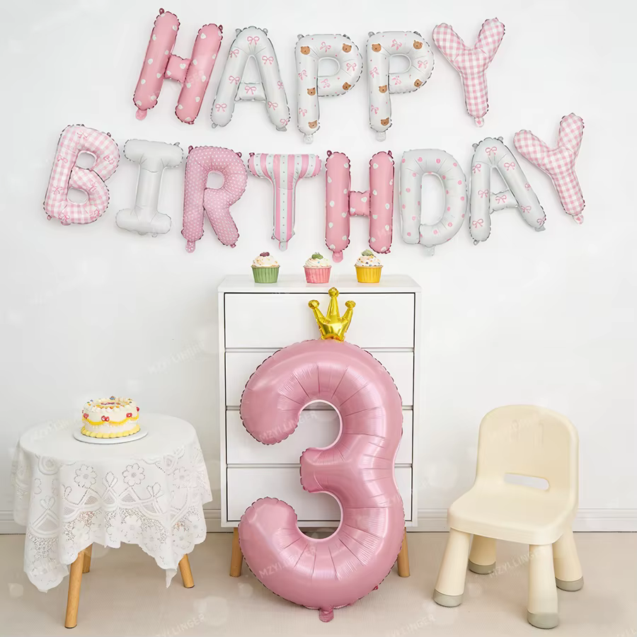 Ensemble de ballons lettres Joyeux Anniversaire roses, ballons imprimés roses, couronne de ballons, ballons numériques 0-9 pour la décoration de fête d'anniversaire