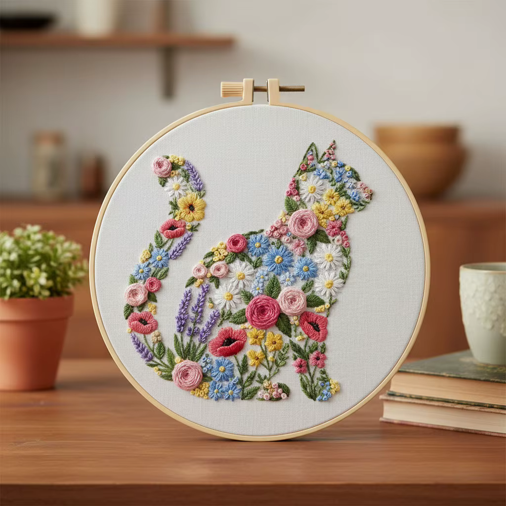 Kits de broderie motif chat fleuri, fournitures de couture à la main et de point de croix, supports, modèles et ensembles pour kits DIY faits main et artisanat pour adultes