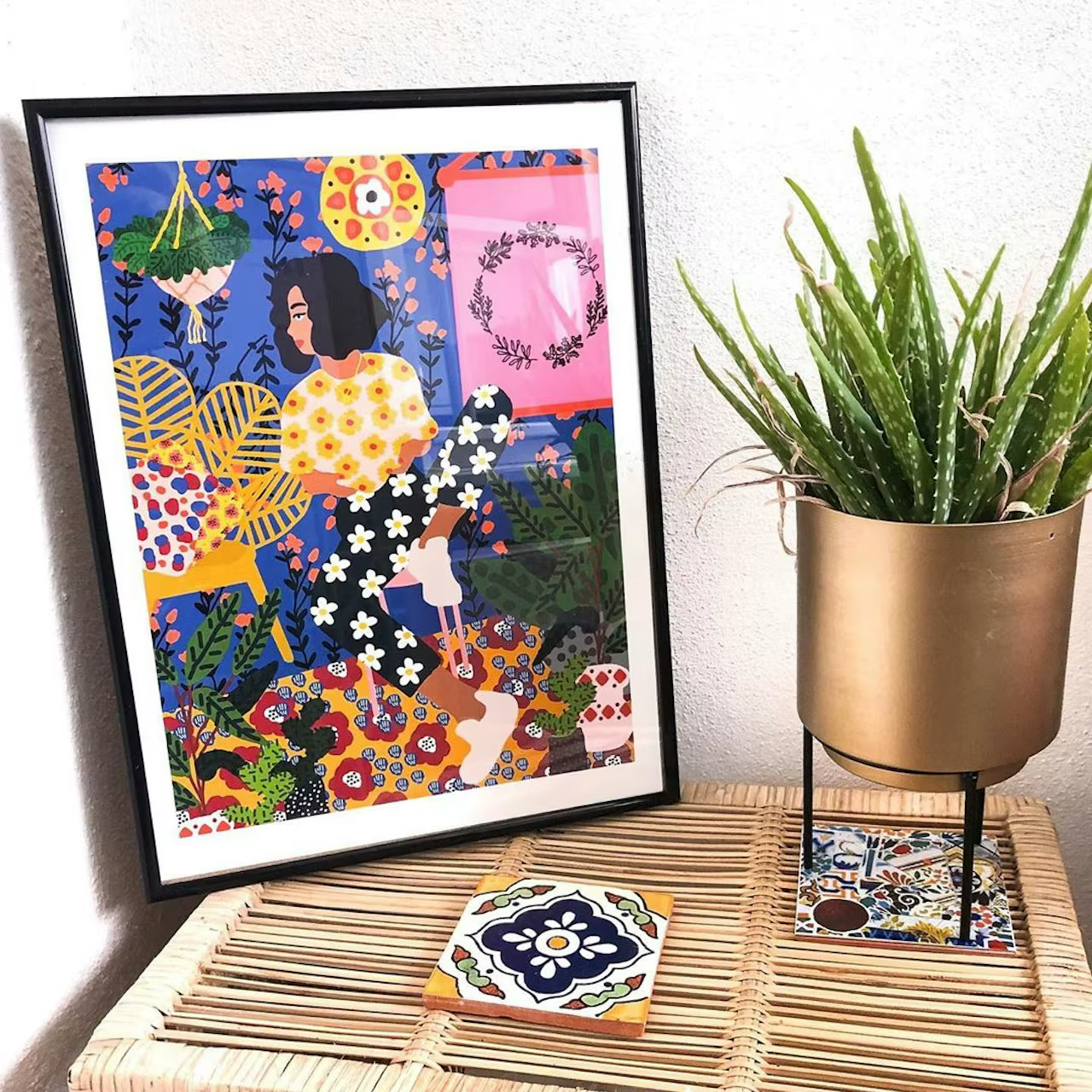 Toile d'art mural de fleurs de fille colorées tropicales