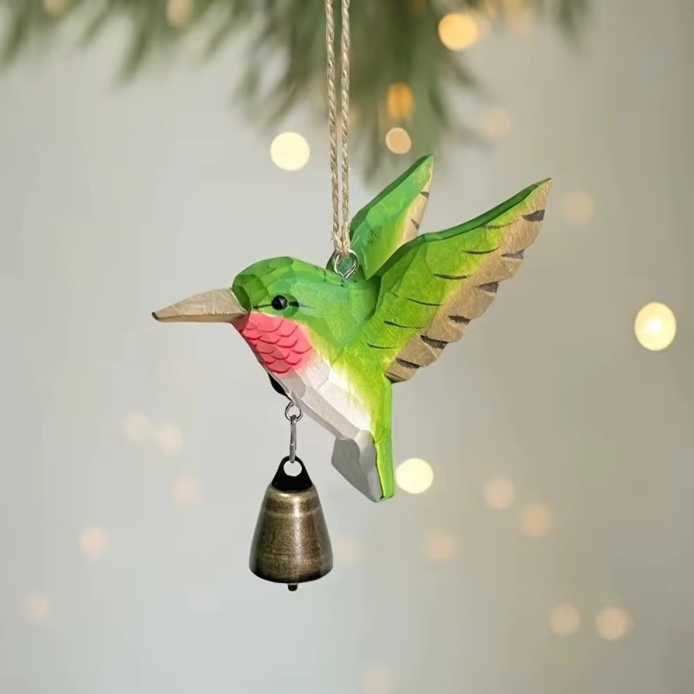 Figurine d'oiseau colibri sculptée à la main en bois avec clochette