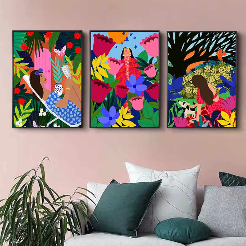 Toile d'art mural de fleurs de fille colorées tropicales