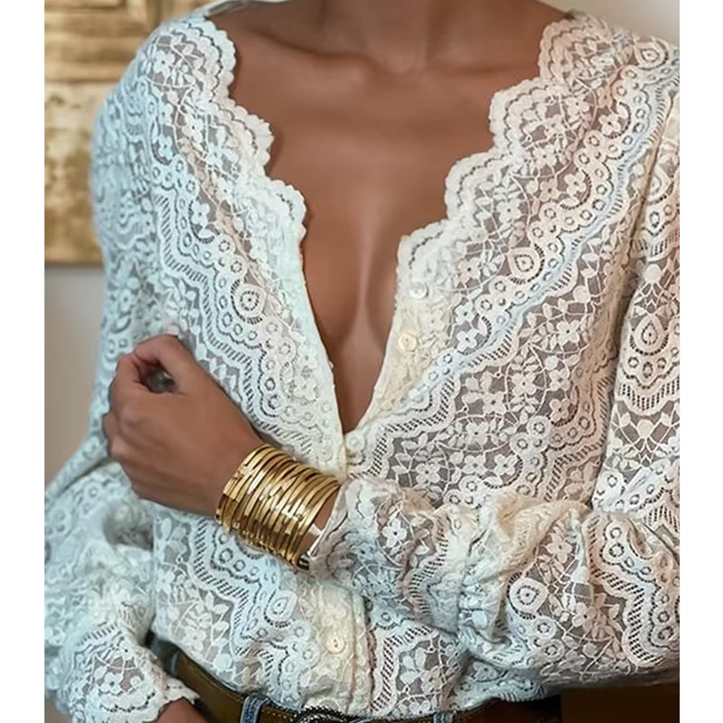Chemisier en dentelle florale blanche élégante pour femmes, chemises Boho, manches longues, Sexy, col en V, Vintage, dames, chemise décontractée en Y