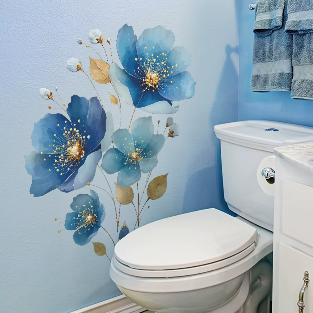 Autocollant mural floral bleu doré.