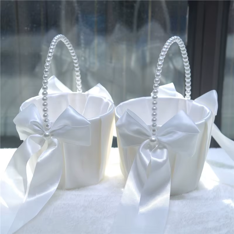 Panier à fleurs pour demoiselles d'honneur BSEVB avec nœud en satin et poignée en perles