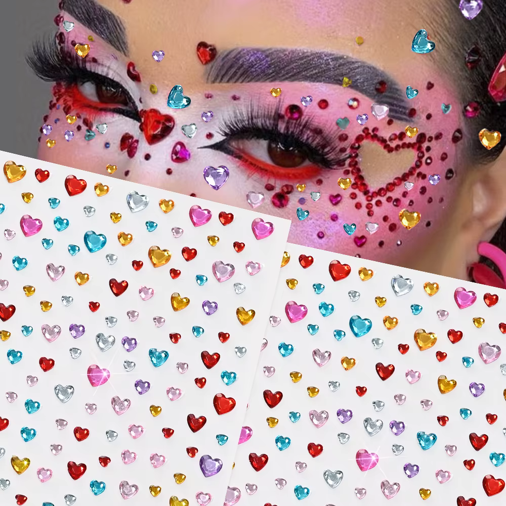 3D coloré amour-coeur visage gemme tatouages autocollants Bling auto-adhésif coeur gemmes tatouage pour Festival fête yeux corps maquillage décor